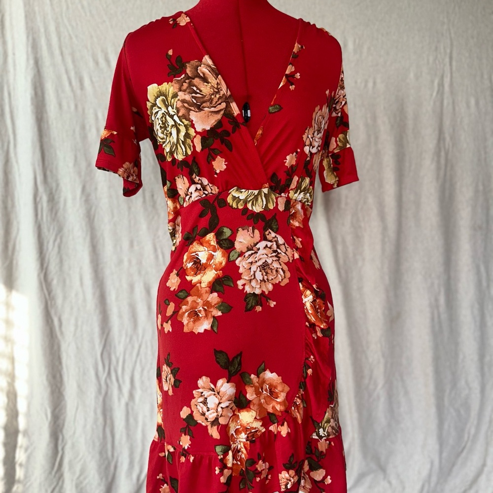 Floral Red Wrap Dress